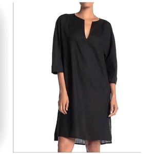 NWT 295$ VINCE Linen Blend Shift V-Neck 3/4 sleeves black dress,size XS
